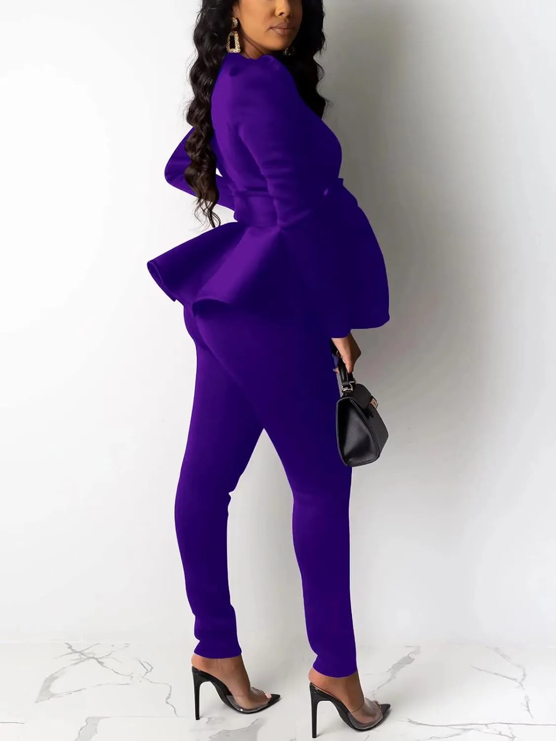 Remelon 2 Piece Outfits for Women Blazer with Pants Deep V Long Sleeve Slim Fit Ruffle Pelplum Business Suit