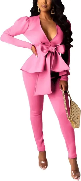 Remelon 2 Piece Outfits for Women Blazer with Pants Deep V Long Sleeve Slim Fit Ruffle Pelplum Business Suit