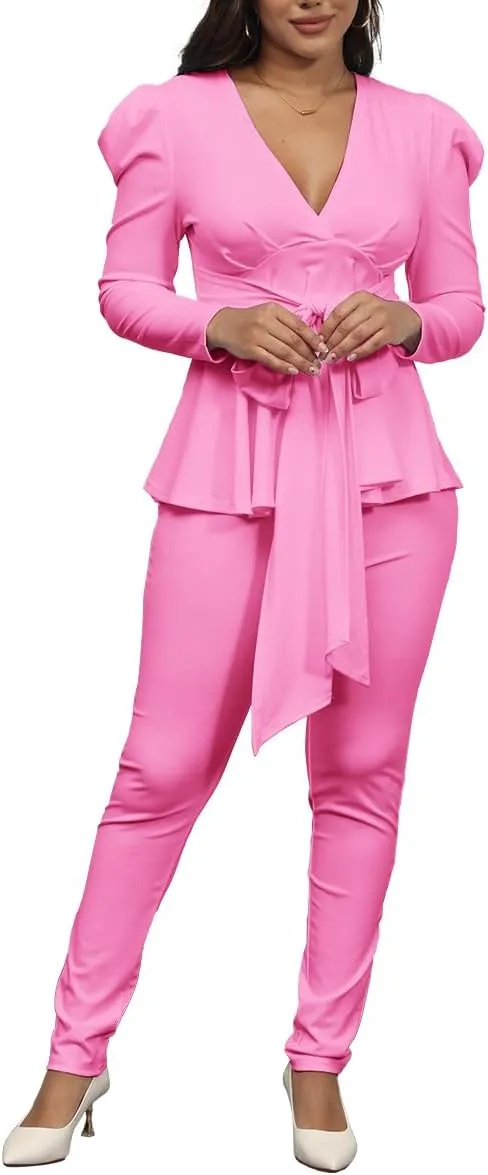 Remelon 2 Piece Outfits for Women Blazer with Pants Deep V Long Sleeve Slim Fit Ruffle Pelplum Business Suit