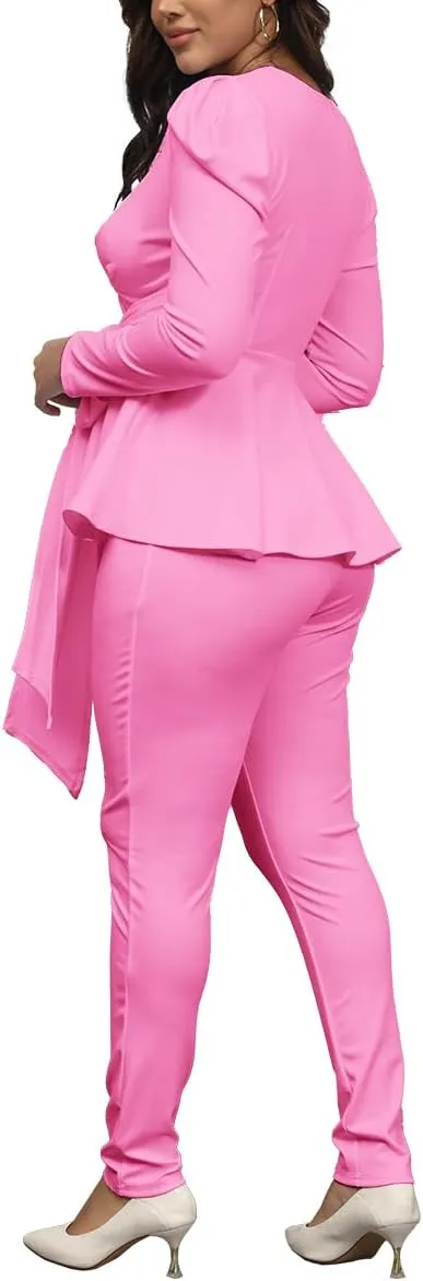 Remelon 2 Piece Outfits for Women Blazer with Pants Deep V Long Sleeve Slim Fit Ruffle Pelplum Business Suit