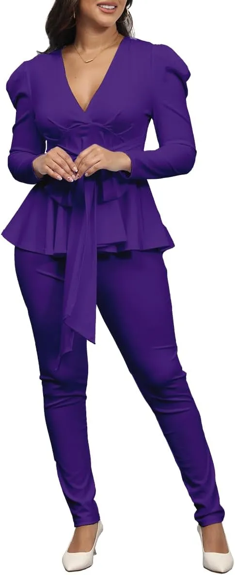 Remelon 2 Piece Outfits for Women Blazer with Pants Deep V Long Sleeve Slim Fit Ruffle Pelplum Business Suit