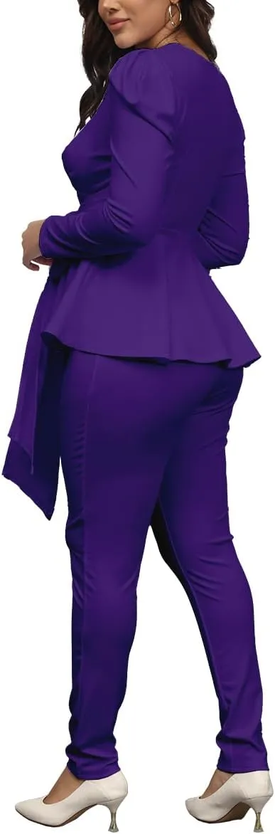 Remelon 2 Piece Outfits for Women Blazer with Pants Deep V Long Sleeve Slim Fit Ruffle Pelplum Business Suit