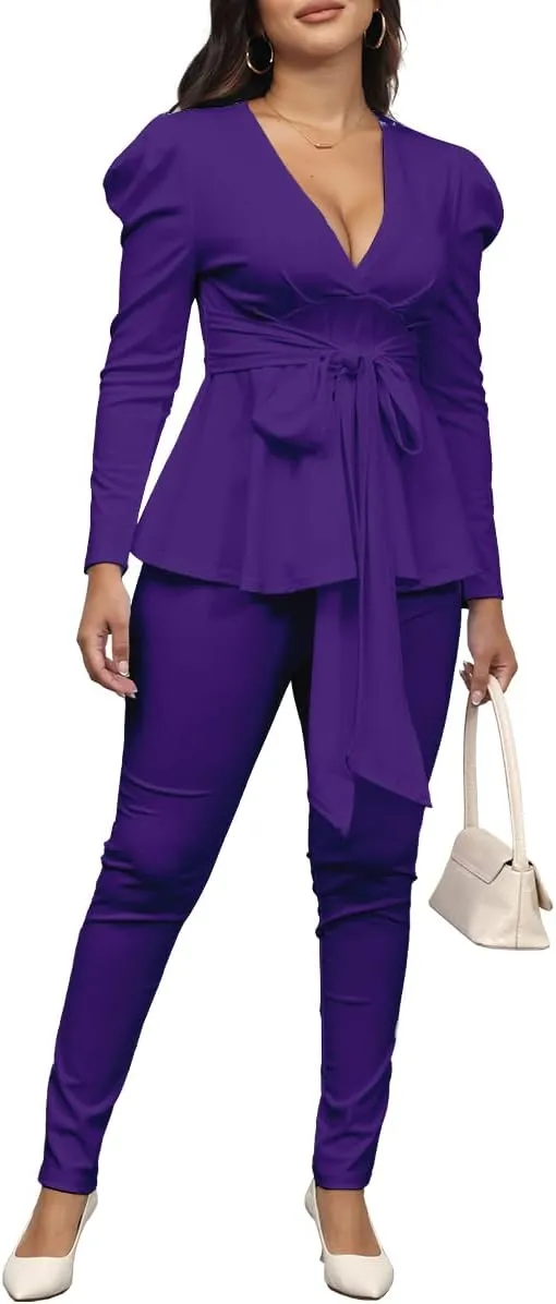 Remelon 2 Piece Outfits for Women Blazer with Pants Deep V Long Sleeve Slim Fit Ruffle Pelplum Business Suit