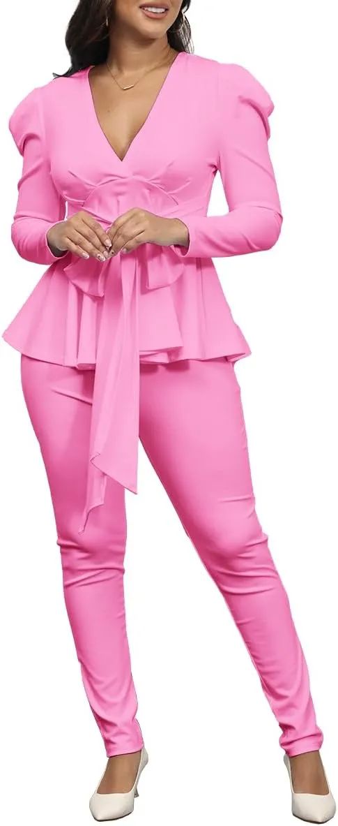 Remelon 2 Piece Outfits for Women Blazer with Pants Deep V Long Sleeve Slim Fit Ruffle Pelplum Business Suit