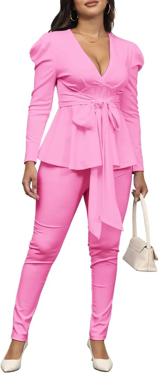 Remelon 2 Piece Outfits for Women Blazer with Pants Deep V Long Sleeve Slim Fit Ruffle Pelplum Business Suit