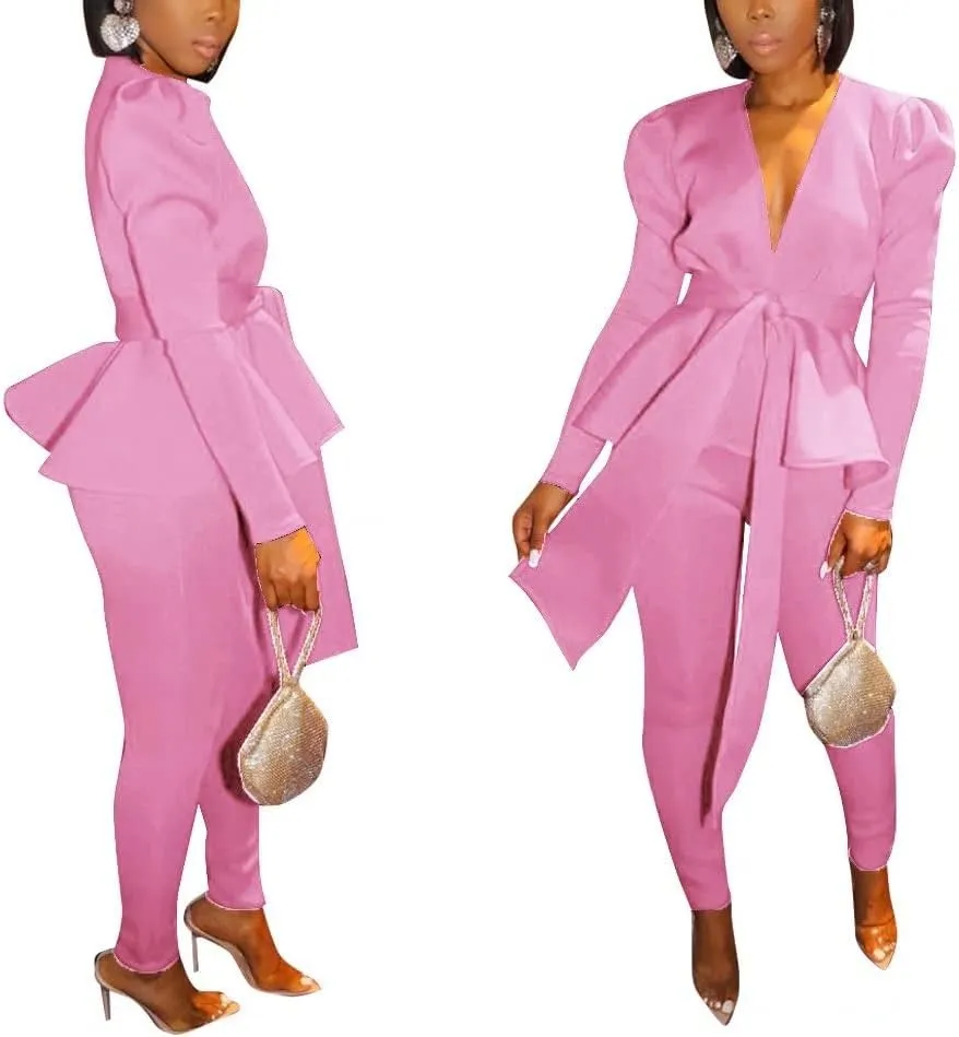 Remelon 2 Piece Outfits for Women Blazer with Pants Deep V Long Sleeve Slim Fit Ruffle Pelplum Business Suit
