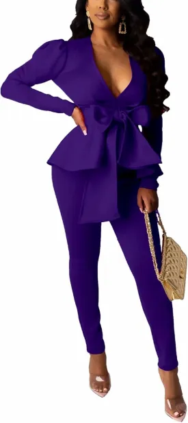 Remelon 2 Piece Outfits for Women Blazer with Pants Deep V Long Sleeve Slim Fit Ruffle Pelplum Business Suit Remelon 2 Piece Outfits for Women Blazer with Pants Deep V Long Sleeve Slim Fit Ruffle Pelplum Business Suit