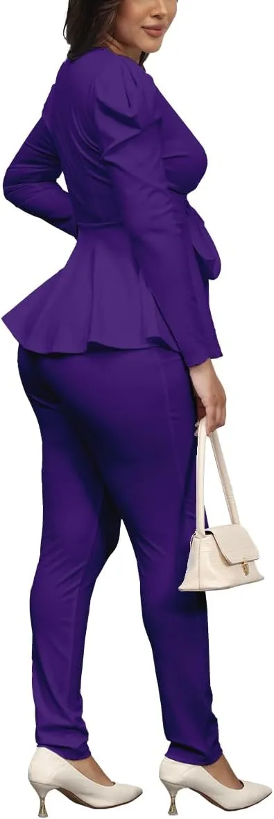 Remelon 2 Piece Outfits for Women Blazer with Pants Deep V Long Sleeve Slim Fit Ruffle Pelplum Business Suit