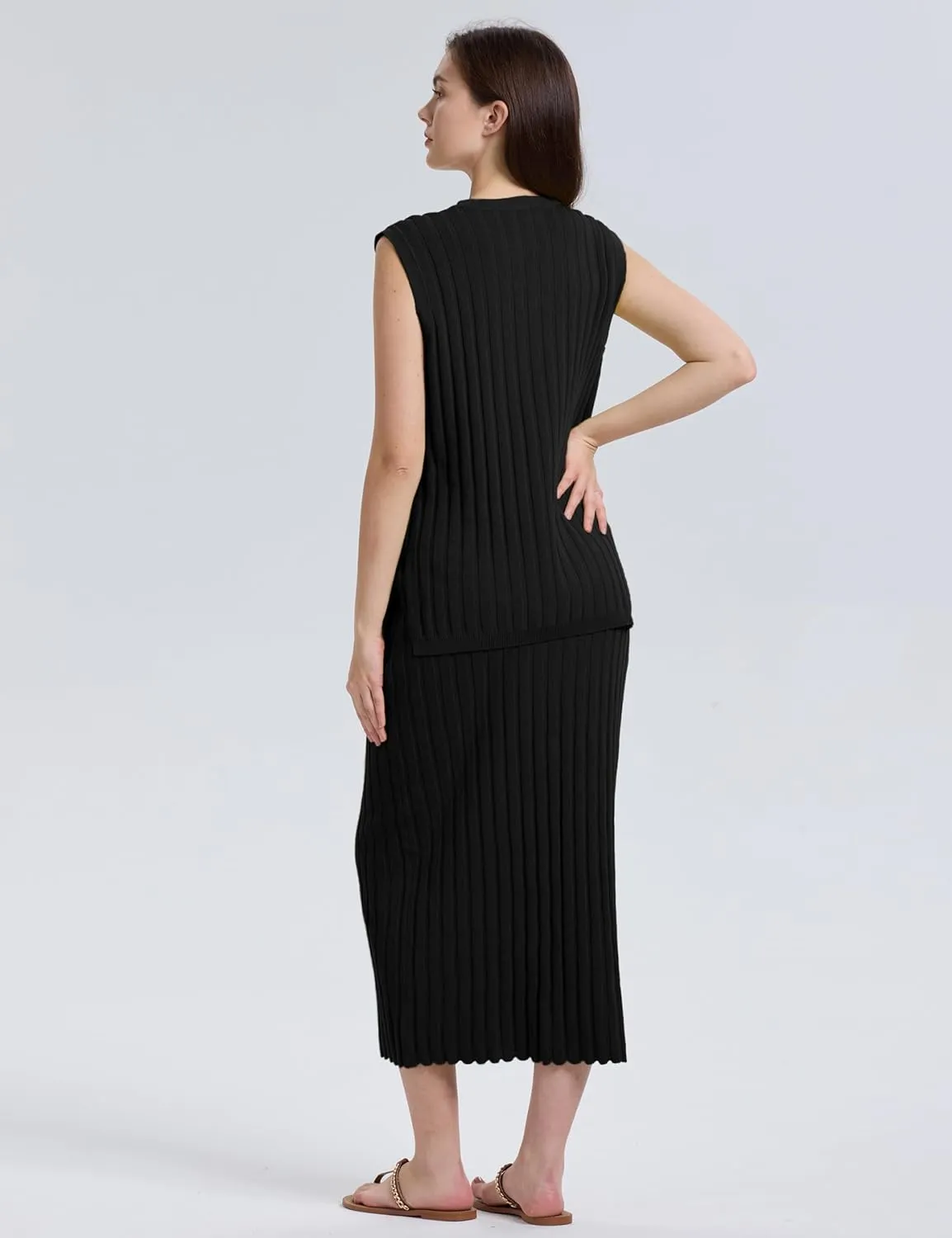 SCUSTY Women's 2 Piece Sweater Skirt Sets Sleeveless V Neck Knit Ribbed Vest Tops Midi Skirt