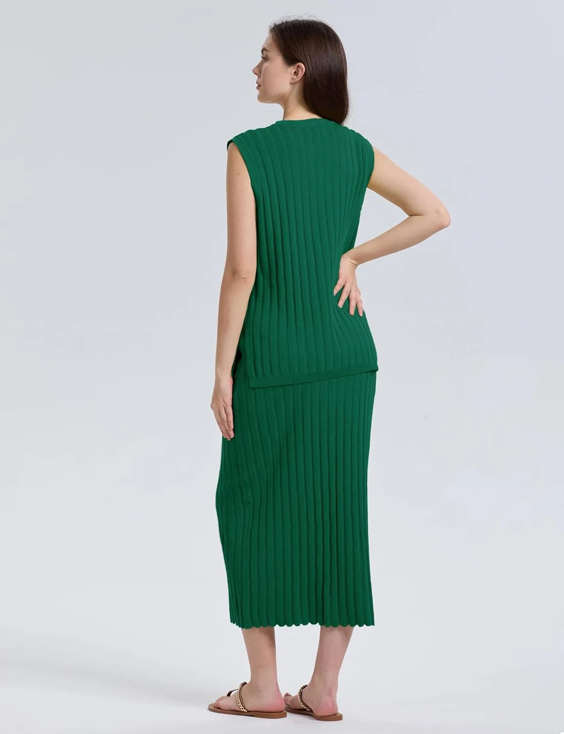 SCUSTY Women's 2 Piece Sweater Skirt Sets Sleeveless V Neck Knit Ribbed Vest Tops Midi Skirt