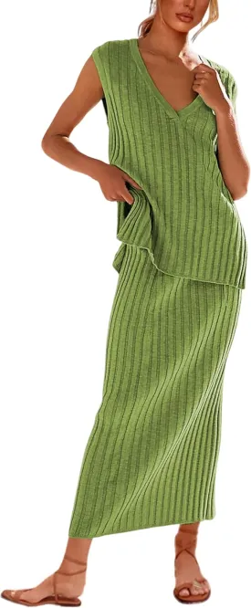 SCUSTY Women's 2 Piece Sweater Skirt Sets Sleeveless V Neck Knit Ribbed Vest Tops Midi Skirt