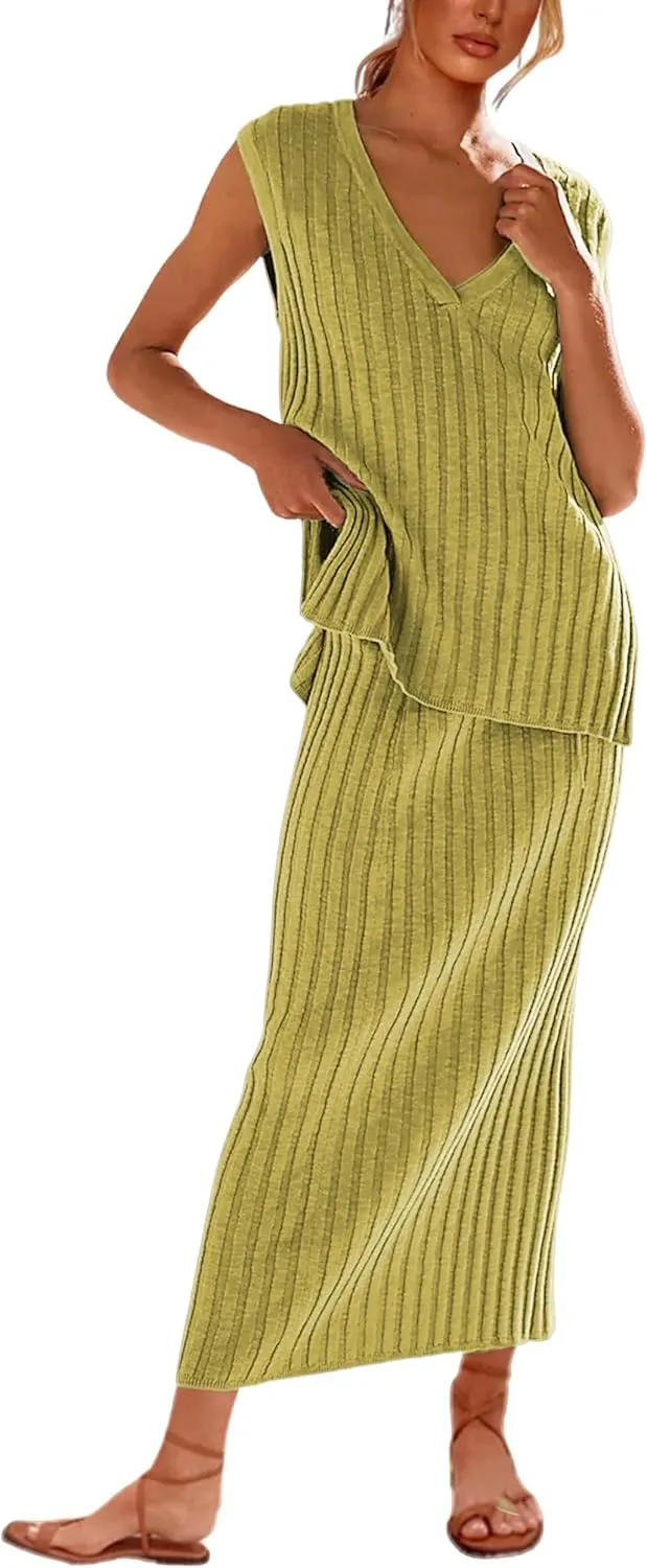 SCUSTY Women's 2 Piece Sweater Skirt Sets Sleeveless V Neck Knit Ribbed Vest Tops Midi Skirt