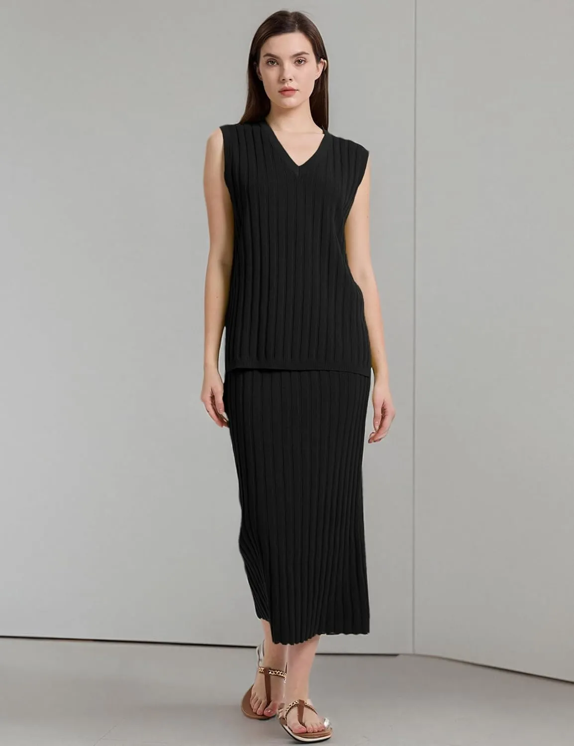 SCUSTY Women's 2 Piece Sweater Skirt Sets Sleeveless V Neck Knit Ribbed Vest Tops Midi Skirt