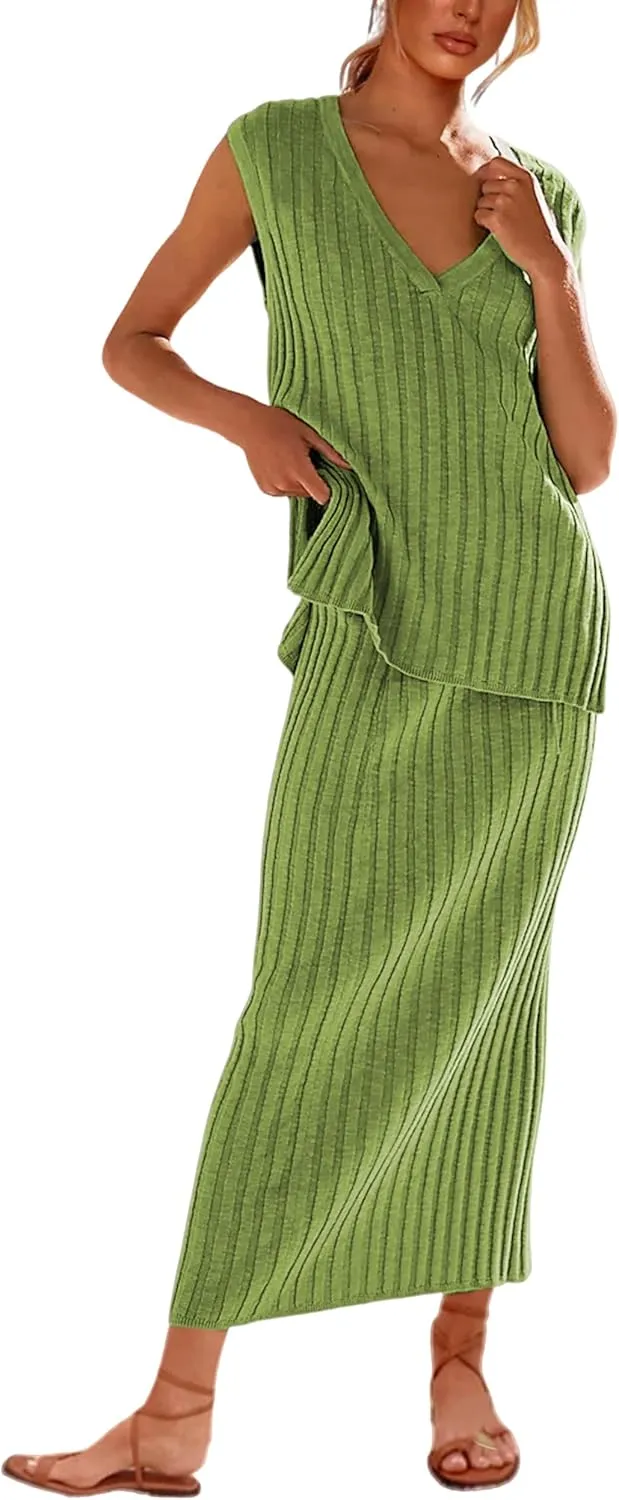 SCUSTY Women's 2 Piece Sweater Skirt Sets Sleeveless V Neck Knit Ribbed Vest Tops Midi Skirt
