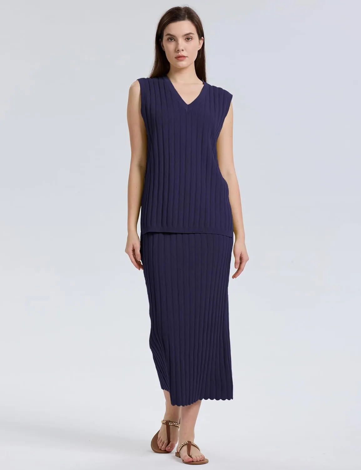 SCUSTY Women's 2 Piece Sweater Skirt Sets Sleeveless V Neck Knit Ribbed Vest Tops Midi Skirt