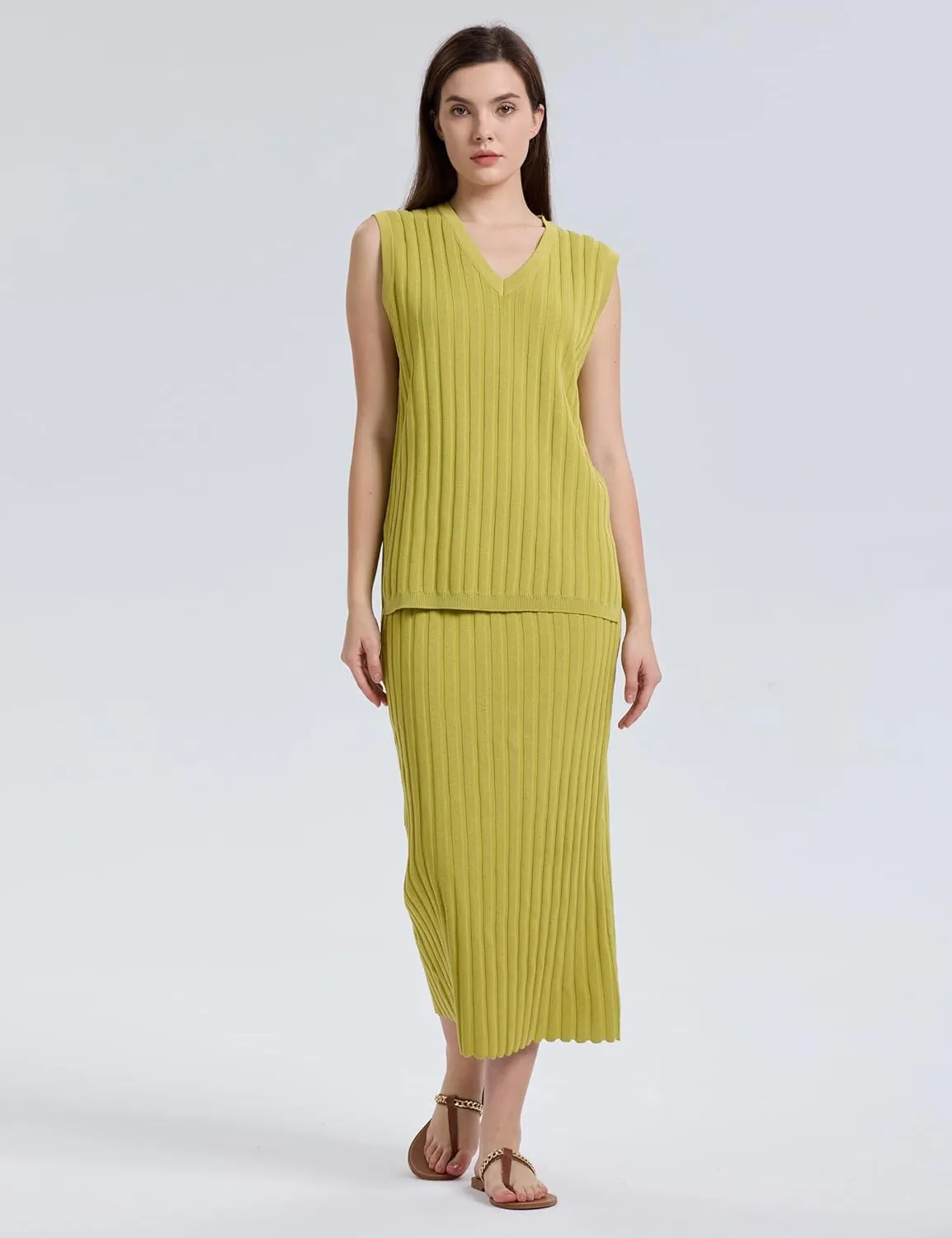 SCUSTY Women's 2 Piece Sweater Skirt Sets Sleeveless V Neck Knit Ribbed Vest Tops Midi Skirt