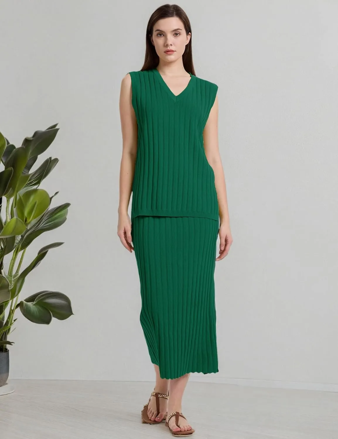 SCUSTY Women's 2 Piece Sweater Skirt Sets Sleeveless V Neck Knit Ribbed Vest Tops Midi Skirt