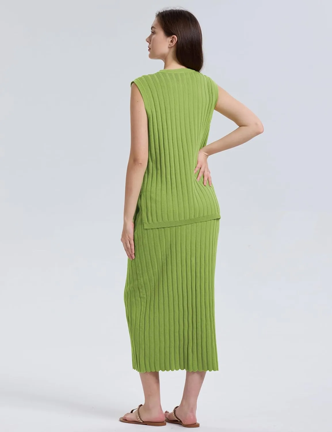 SCUSTY Women's 2 Piece Sweater Skirt Sets Sleeveless V Neck Knit Ribbed Vest Tops Midi Skirt