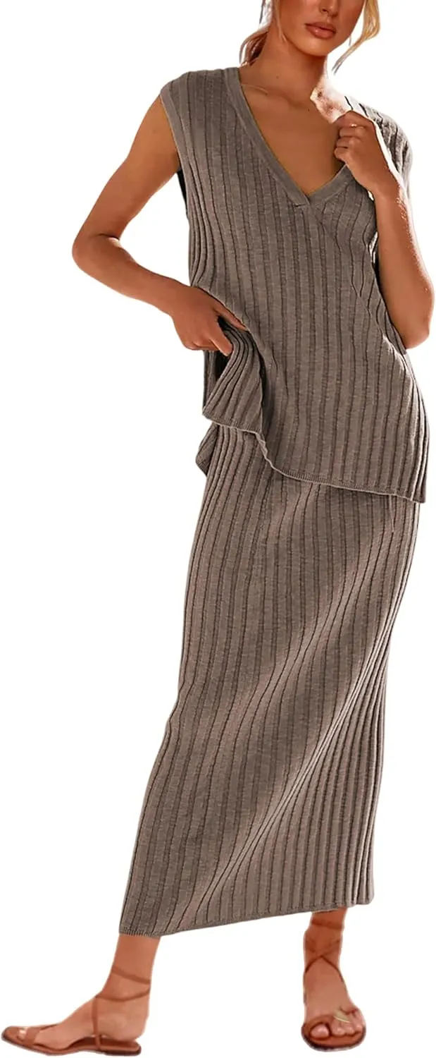 SCUSTY Women's 2 Piece Sweater Skirt Sets Sleeveless V Neck Knit Ribbed Vest Tops Midi Skirt