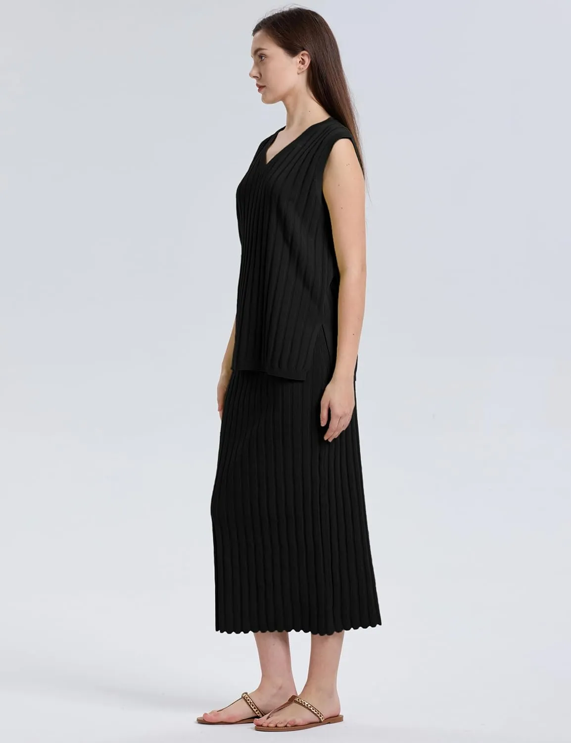 SCUSTY Women's 2 Piece Sweater Skirt Sets Sleeveless V Neck Knit Ribbed Vest Tops Midi Skirt