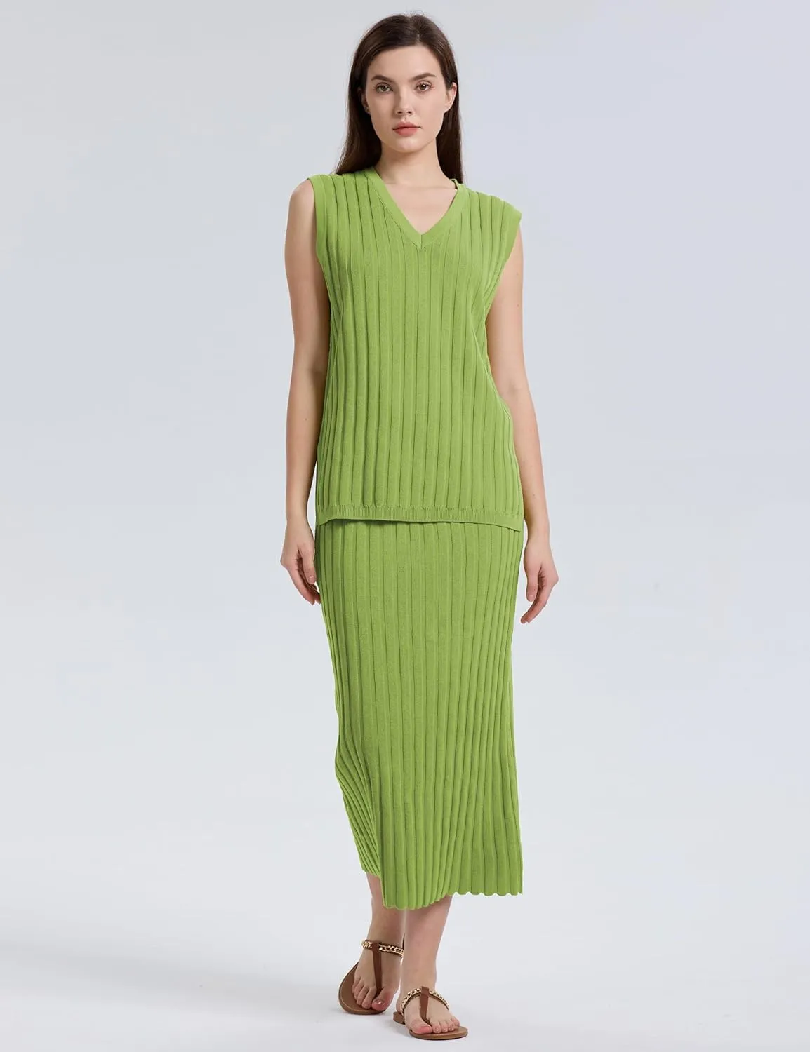 SCUSTY Women's 2 Piece Sweater Skirt Sets Sleeveless V Neck Knit Ribbed Vest Tops Midi Skirt