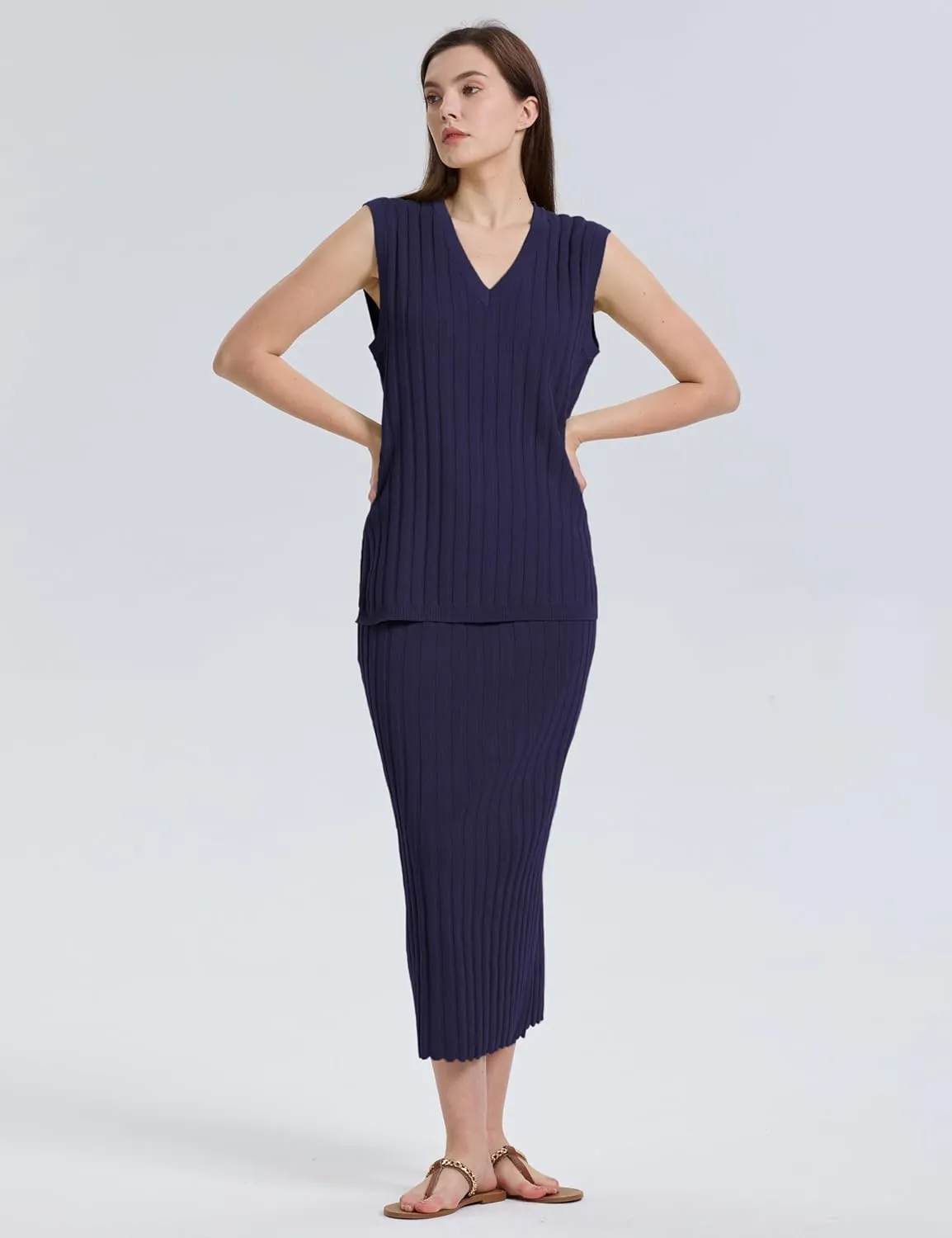 SCUSTY Women's 2 Piece Sweater Skirt Sets Sleeveless V Neck Knit Ribbed Vest Tops Midi Skirt
