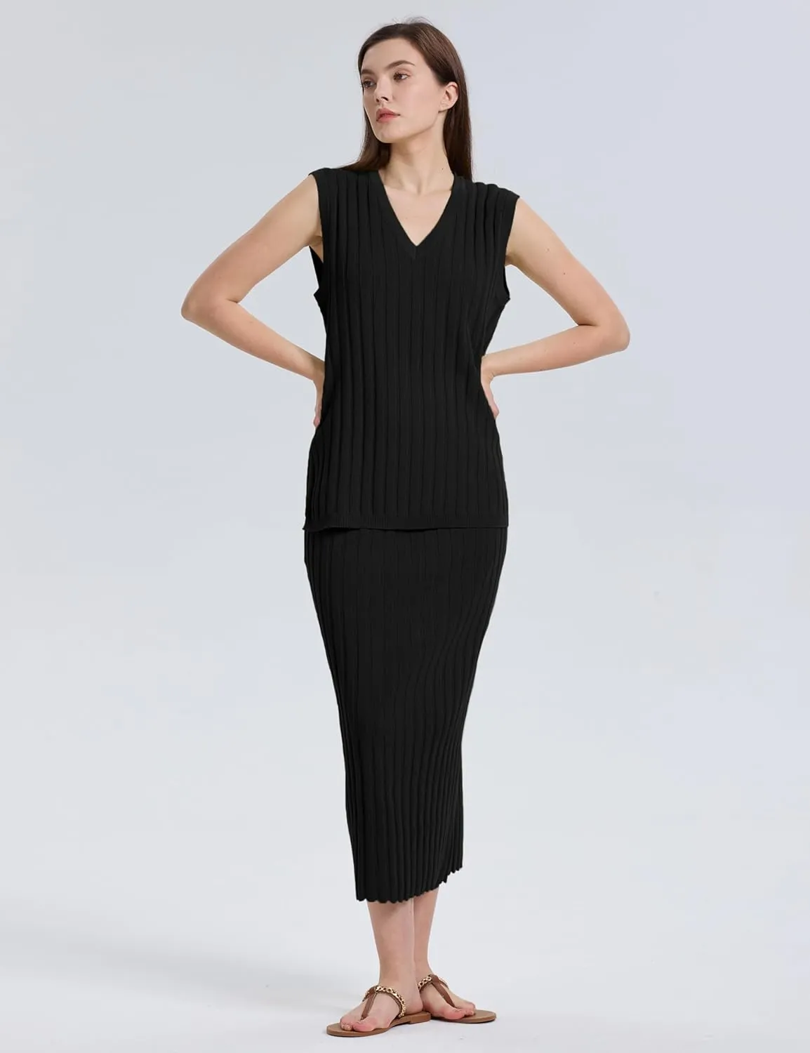 SCUSTY Women's 2 Piece Sweater Skirt Sets Sleeveless V Neck Knit Ribbed Vest Tops Midi Skirt