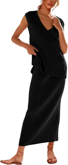 SCUSTY Women's 2 Piece Sweater Skirt Sets Sleeveless V Neck Knit Ribbed Vest Tops Midi Skirt