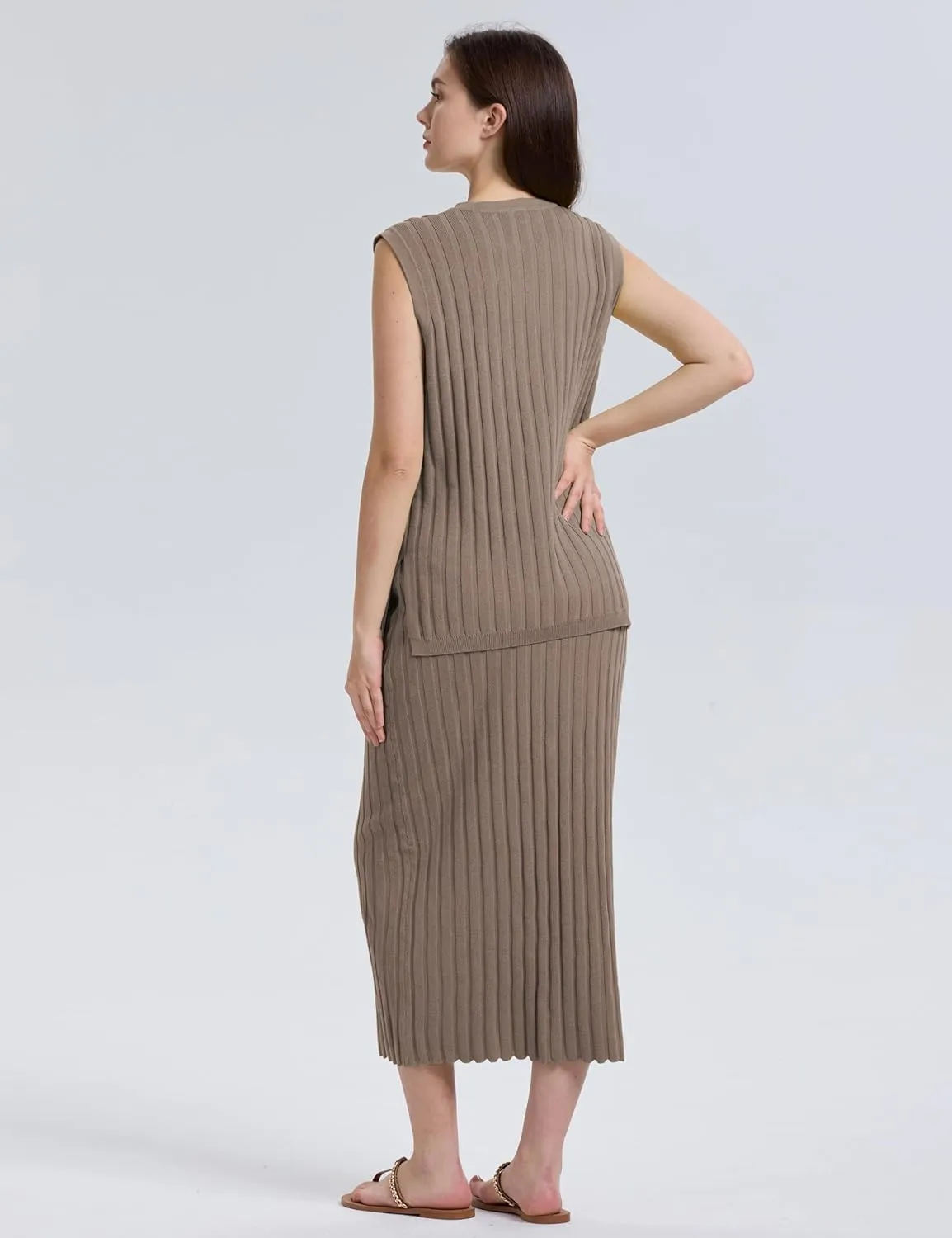 SCUSTY Women's 2 Piece Sweater Skirt Sets Sleeveless V Neck Knit Ribbed Vest Tops Midi Skirt