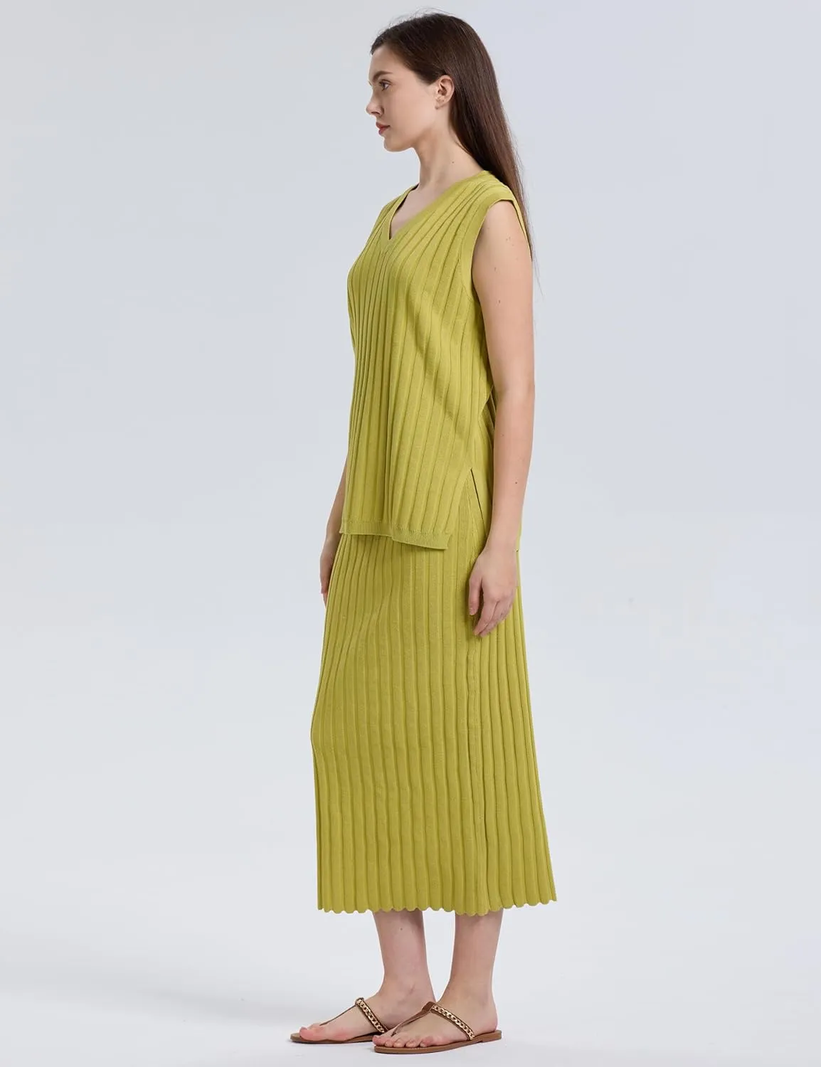 SCUSTY Women's 2 Piece Sweater Skirt Sets Sleeveless V Neck Knit Ribbed Vest Tops Midi Skirt