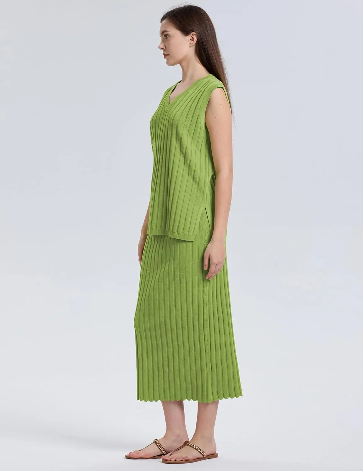 SCUSTY Women's 2 Piece Sweater Skirt Sets Sleeveless V Neck Knit Ribbed Vest Tops Midi Skirt