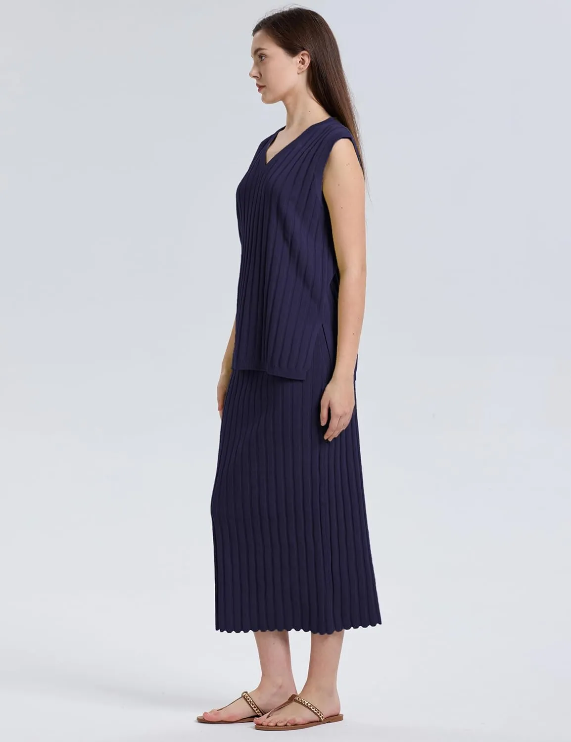 SCUSTY Women's 2 Piece Sweater Skirt Sets Sleeveless V Neck Knit Ribbed Vest Tops Midi Skirt
