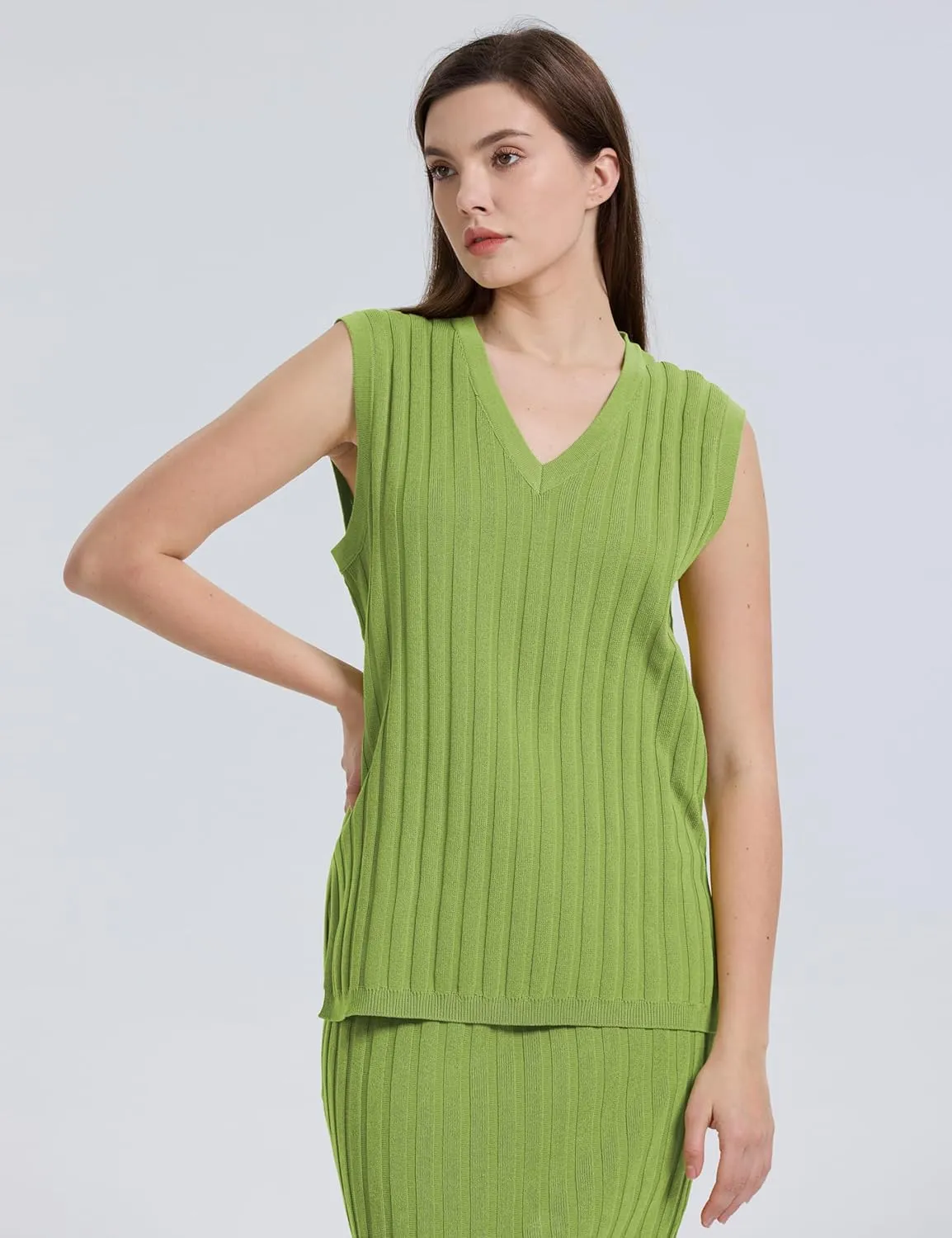 SCUSTY Women's 2 Piece Sweater Skirt Sets Sleeveless V Neck Knit Ribbed Vest Tops Midi Skirt