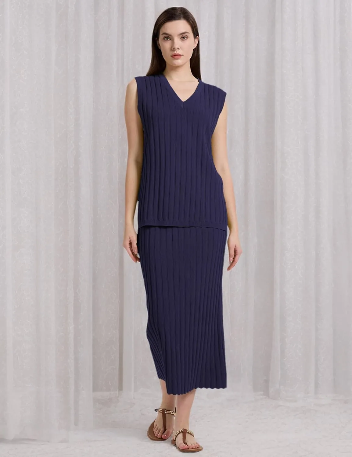 SCUSTY Women's 2 Piece Sweater Skirt Sets Sleeveless V Neck Knit Ribbed Vest Tops Midi Skirt