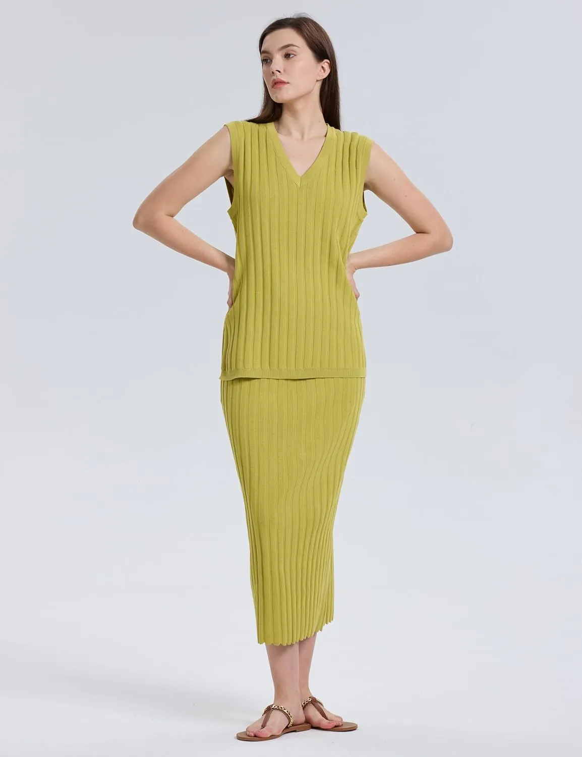 SCUSTY Women's 2 Piece Sweater Skirt Sets Sleeveless V Neck Knit Ribbed Vest Tops Midi Skirt