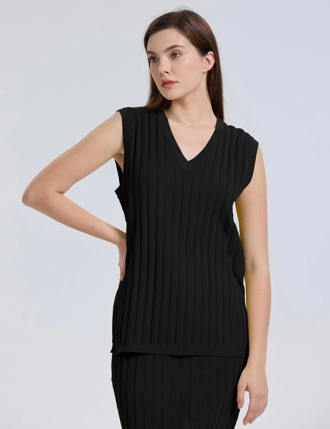 SCUSTY Women's 2 Piece Sweater Skirt Sets Sleeveless V Neck Knit Ribbed Vest Tops Midi Skirt