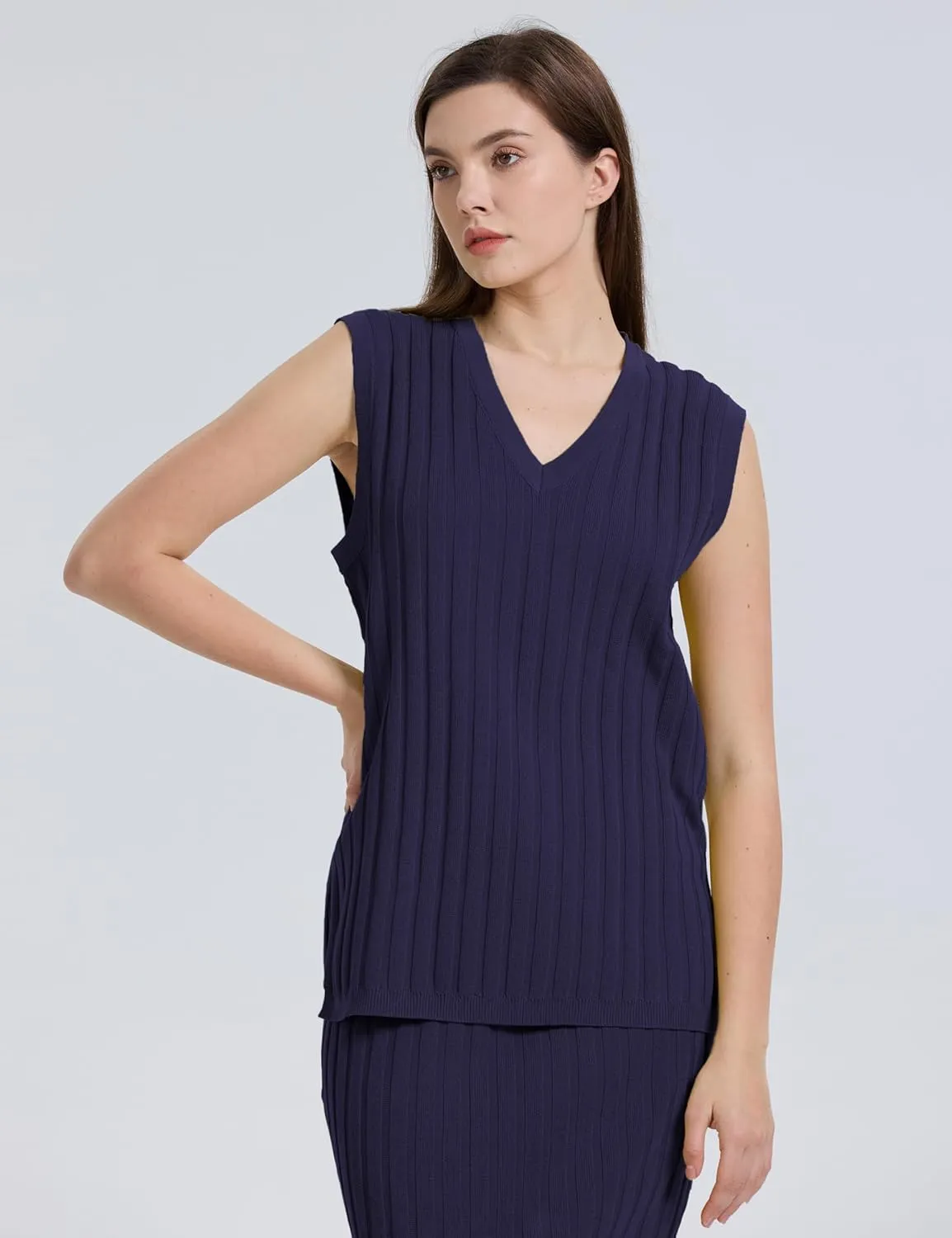 SCUSTY Women's 2 Piece Sweater Skirt Sets Sleeveless V Neck Knit Ribbed Vest Tops Midi Skirt