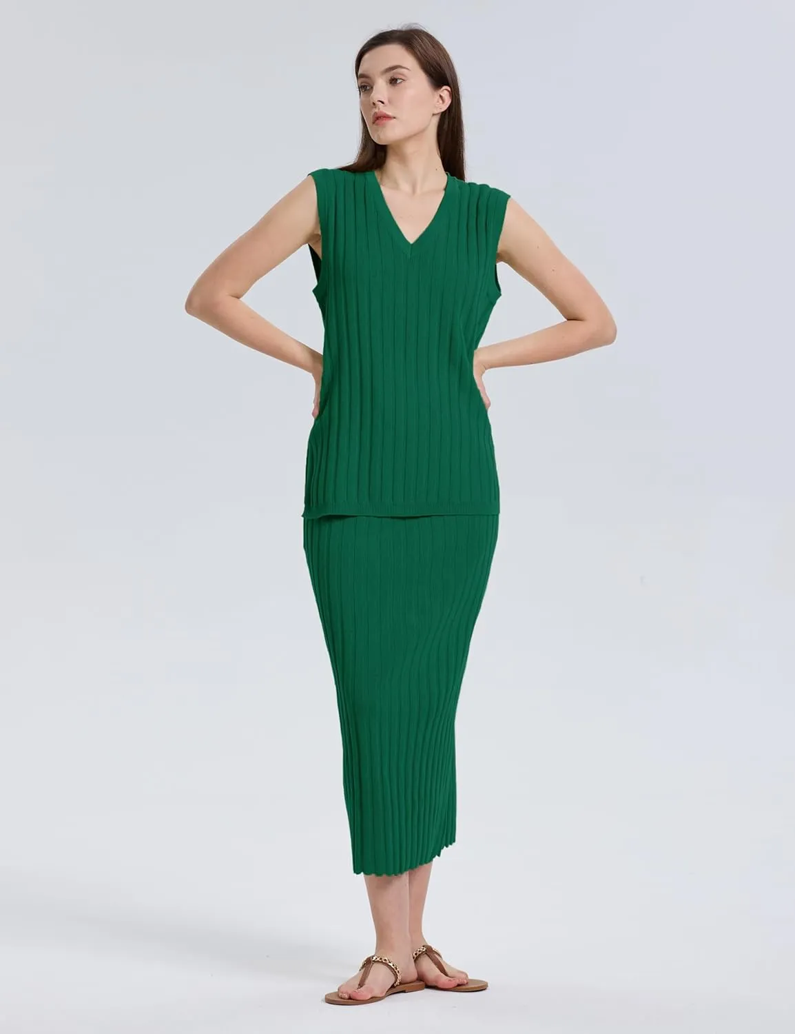 SCUSTY Women's 2 Piece Sweater Skirt Sets Sleeveless V Neck Knit Ribbed Vest Tops Midi Skirt