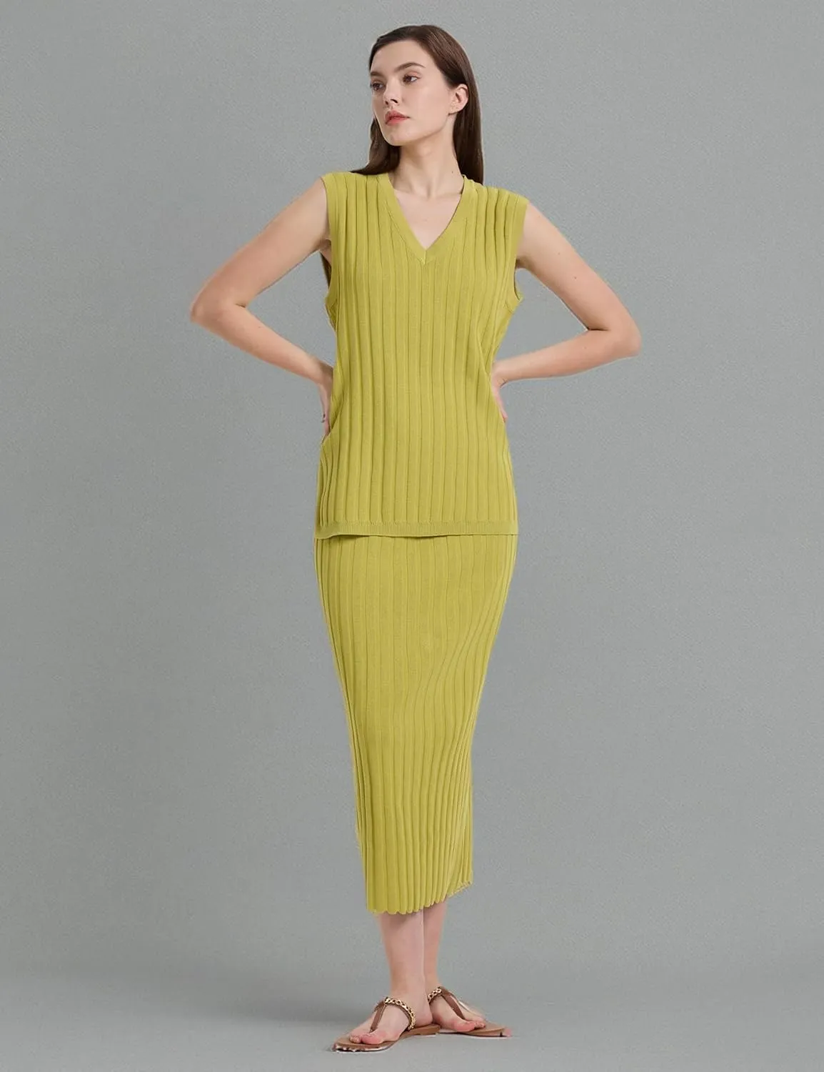 SCUSTY Women's 2 Piece Sweater Skirt Sets Sleeveless V Neck Knit Ribbed Vest Tops Midi Skirt