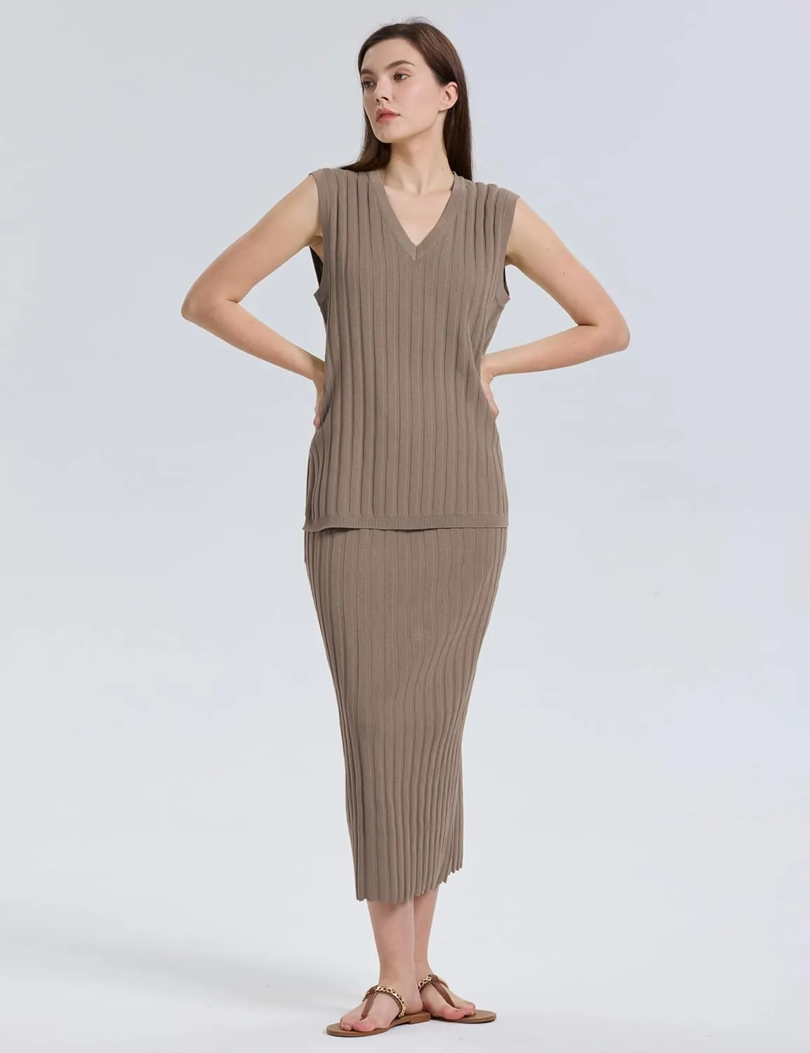 SCUSTY Women's 2 Piece Sweater Skirt Sets Sleeveless V Neck Knit Ribbed Vest Tops Midi Skirt