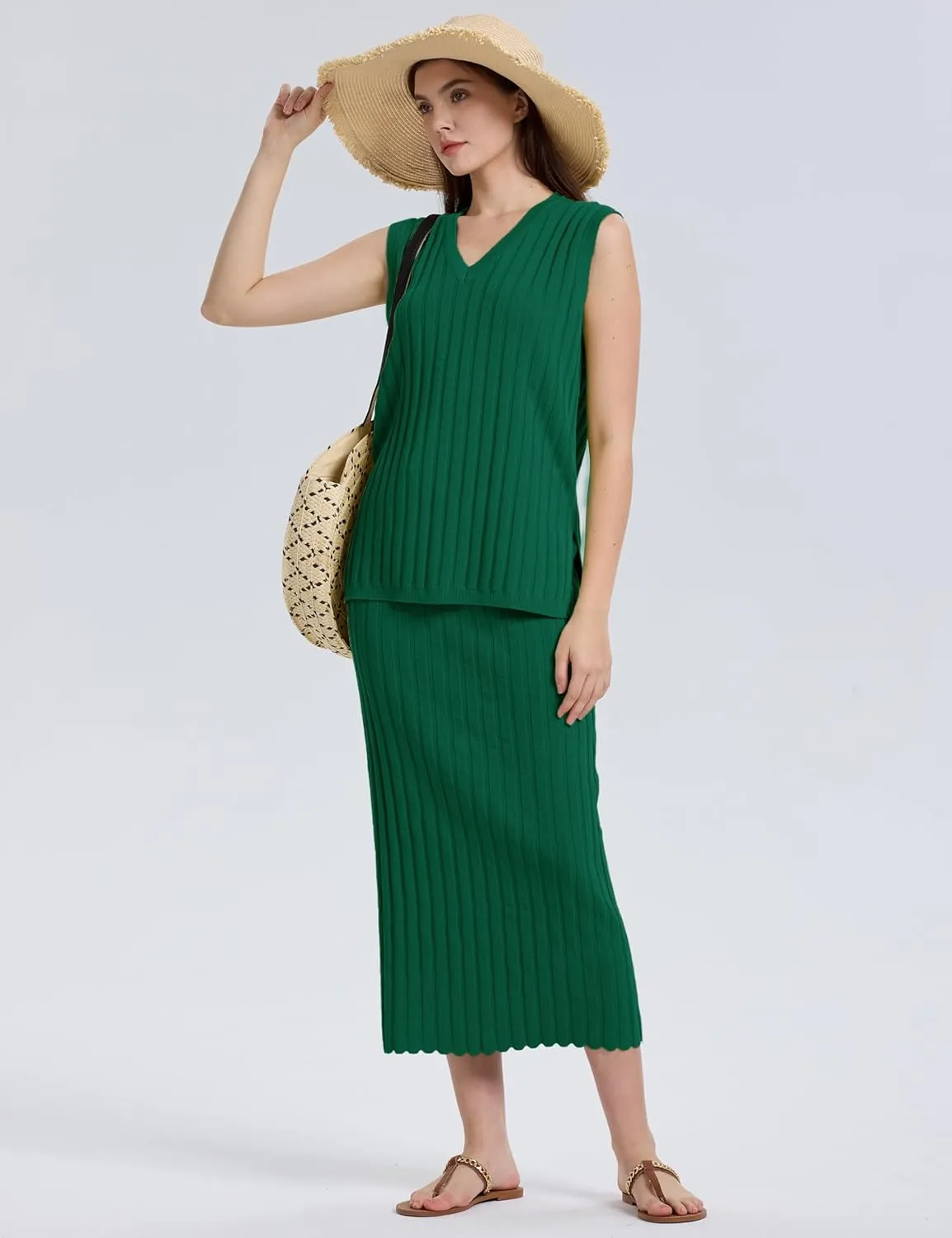 SCUSTY Women's 2 Piece Sweater Skirt Sets Sleeveless V Neck Knit Ribbed Vest Tops Midi Skirt