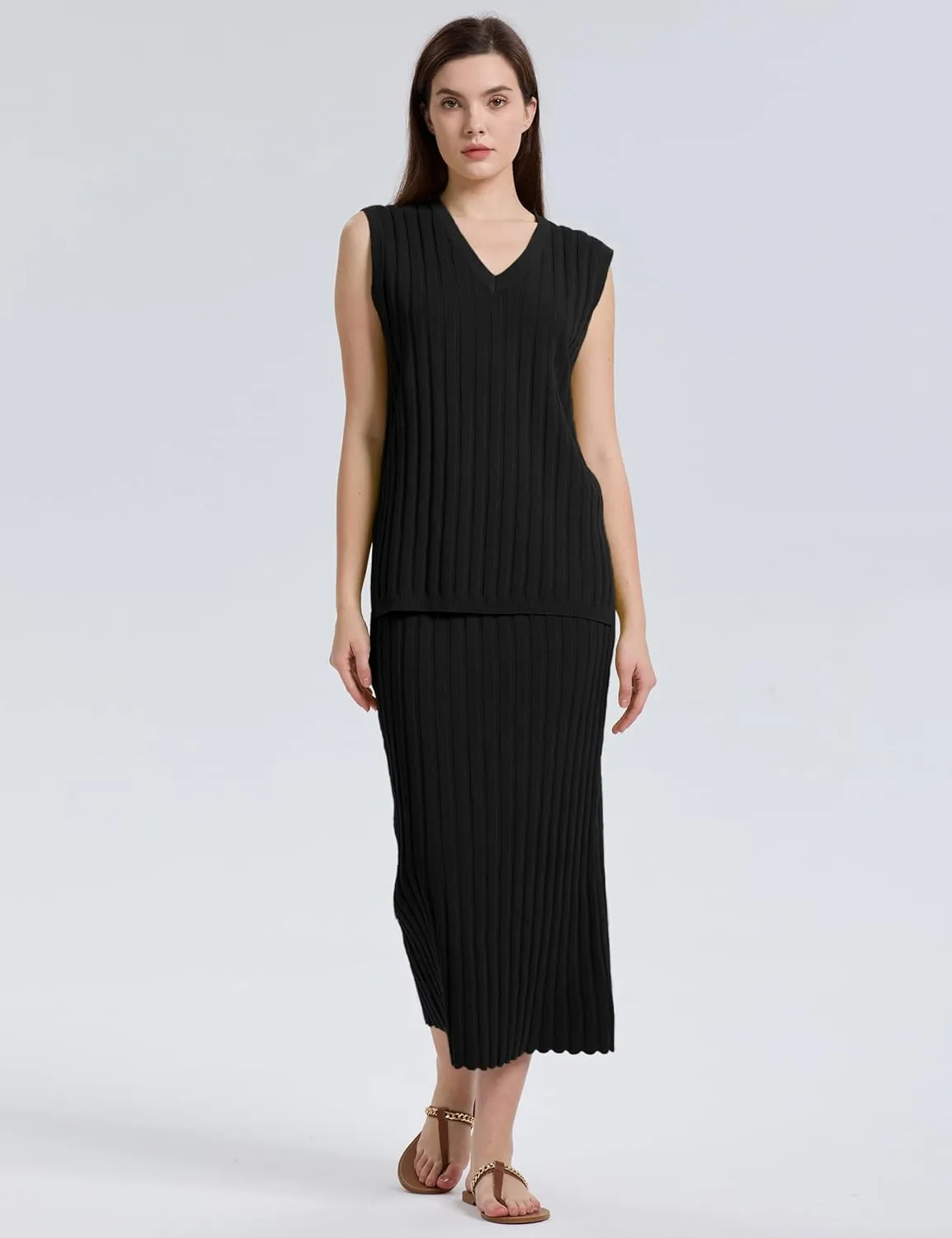 SCUSTY Women's 2 Piece Sweater Skirt Sets Sleeveless V Neck Knit Ribbed Vest Tops Midi Skirt