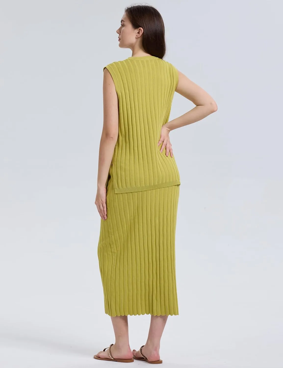 SCUSTY Women's 2 Piece Sweater Skirt Sets Sleeveless V Neck Knit Ribbed Vest Tops Midi Skirt