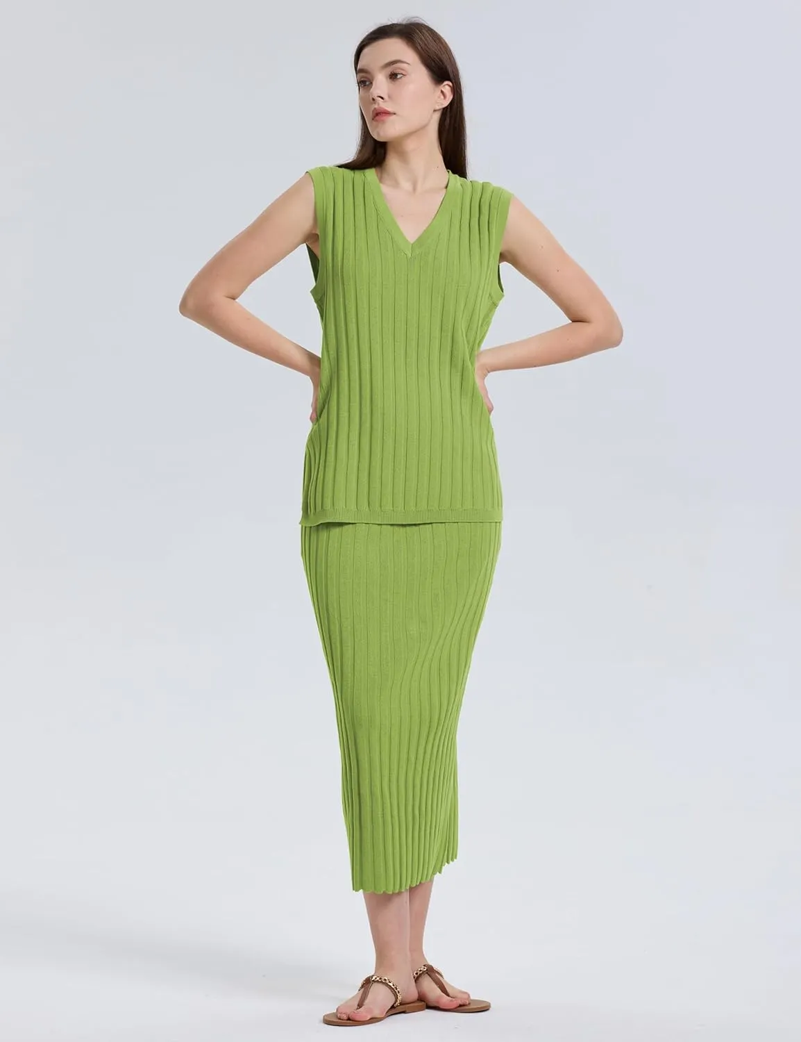 SCUSTY Women's 2 Piece Sweater Skirt Sets Sleeveless V Neck Knit Ribbed Vest Tops Midi Skirt