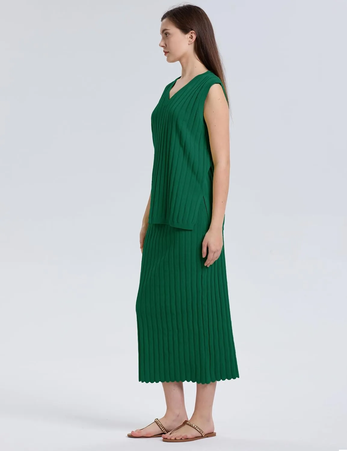 SCUSTY Women's 2 Piece Sweater Skirt Sets Sleeveless V Neck Knit Ribbed Vest Tops Midi Skirt