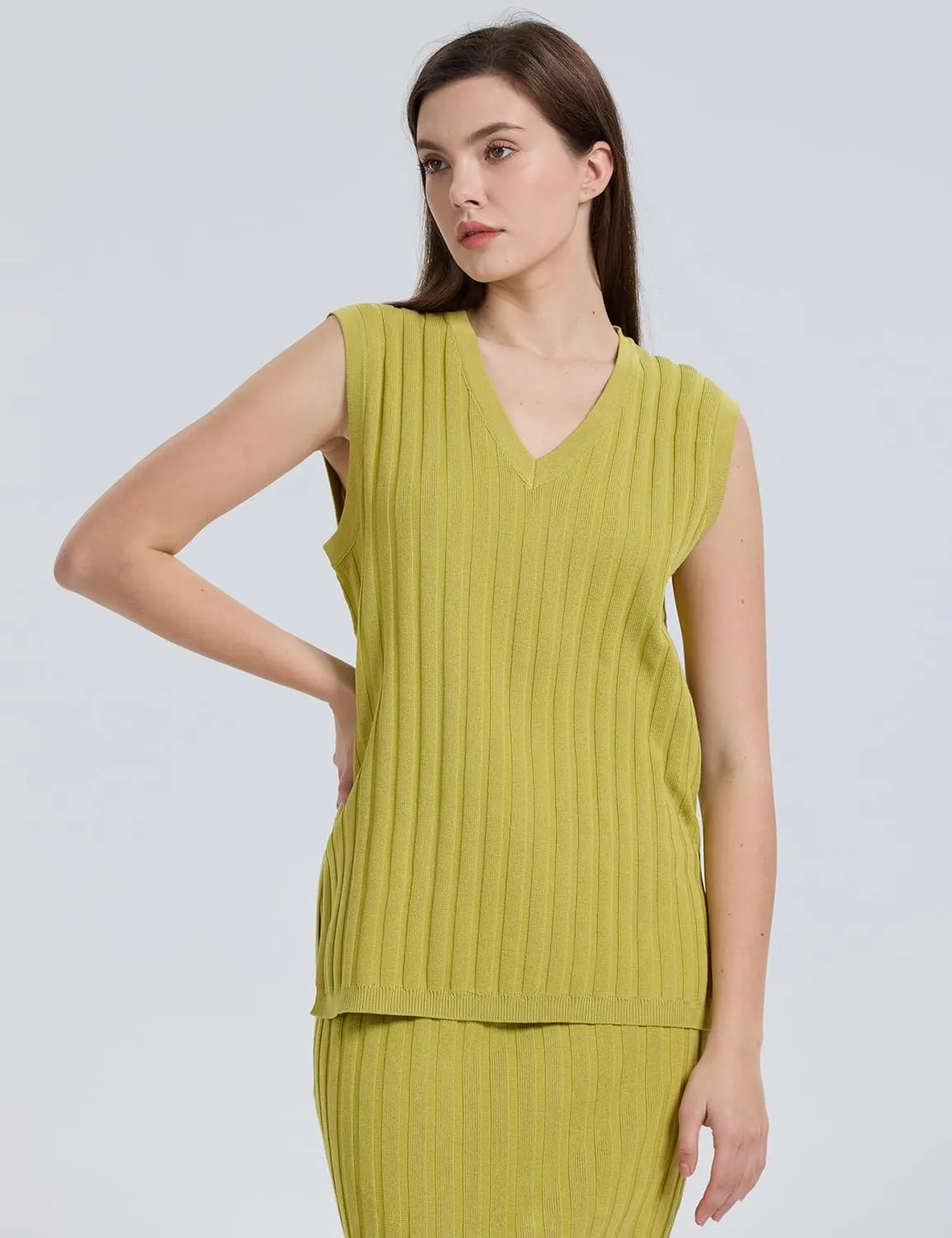 SCUSTY Women's 2 Piece Sweater Skirt Sets Sleeveless V Neck Knit Ribbed Vest Tops Midi Skirt