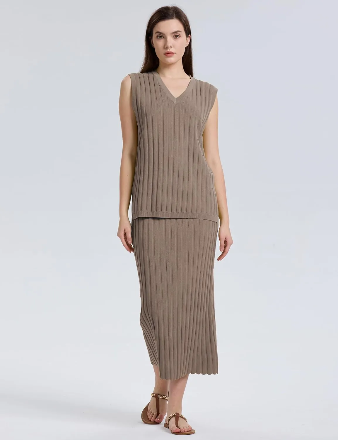 SCUSTY Women's 2 Piece Sweater Skirt Sets Sleeveless V Neck Knit Ribbed Vest Tops Midi Skirt