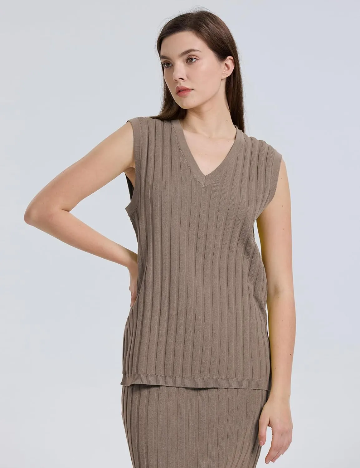 SCUSTY Women's 2 Piece Sweater Skirt Sets Sleeveless V Neck Knit Ribbed Vest Tops Midi Skirt
