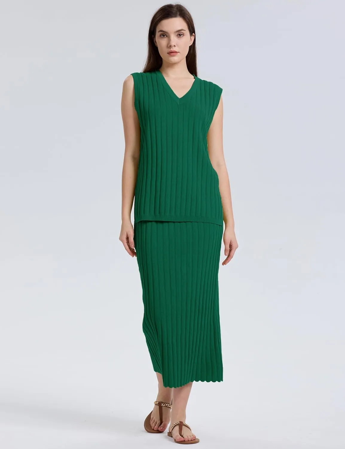 SCUSTY Women's 2 Piece Sweater Skirt Sets Sleeveless V Neck Knit Ribbed Vest Tops Midi Skirt
