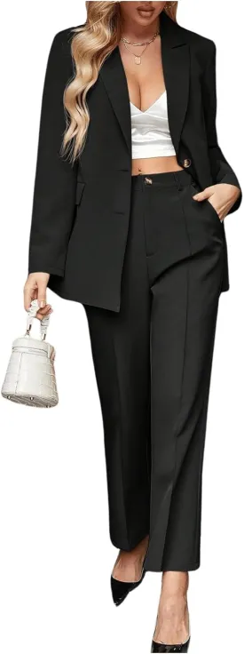 SweatyRocks Women's 2 Piece Blazer Set Button Front Long Sleeve Blazer and Pants Solid Business Office Suits Set